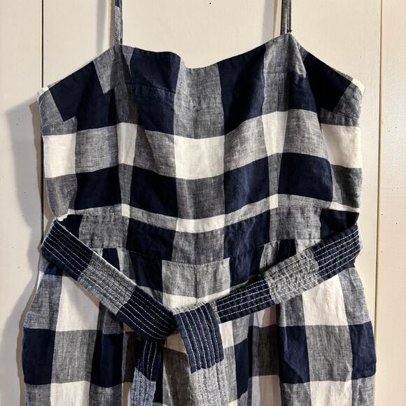 J.CREW Gingham Beauchamps Linen Spaghetti Strap Jumpsuit In Navy Ivory Size 12 - Picture 7 of 10